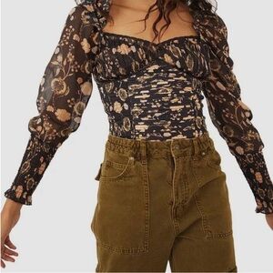Smocked Floral Off-Shoulder Bodysuit - Black & Beige